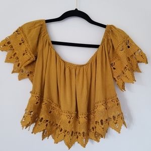 Iris embellished mustard yellow crop top